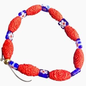 Carved Cinnabar Barrel Millefiori Lampwork Floral Glass Bracelet